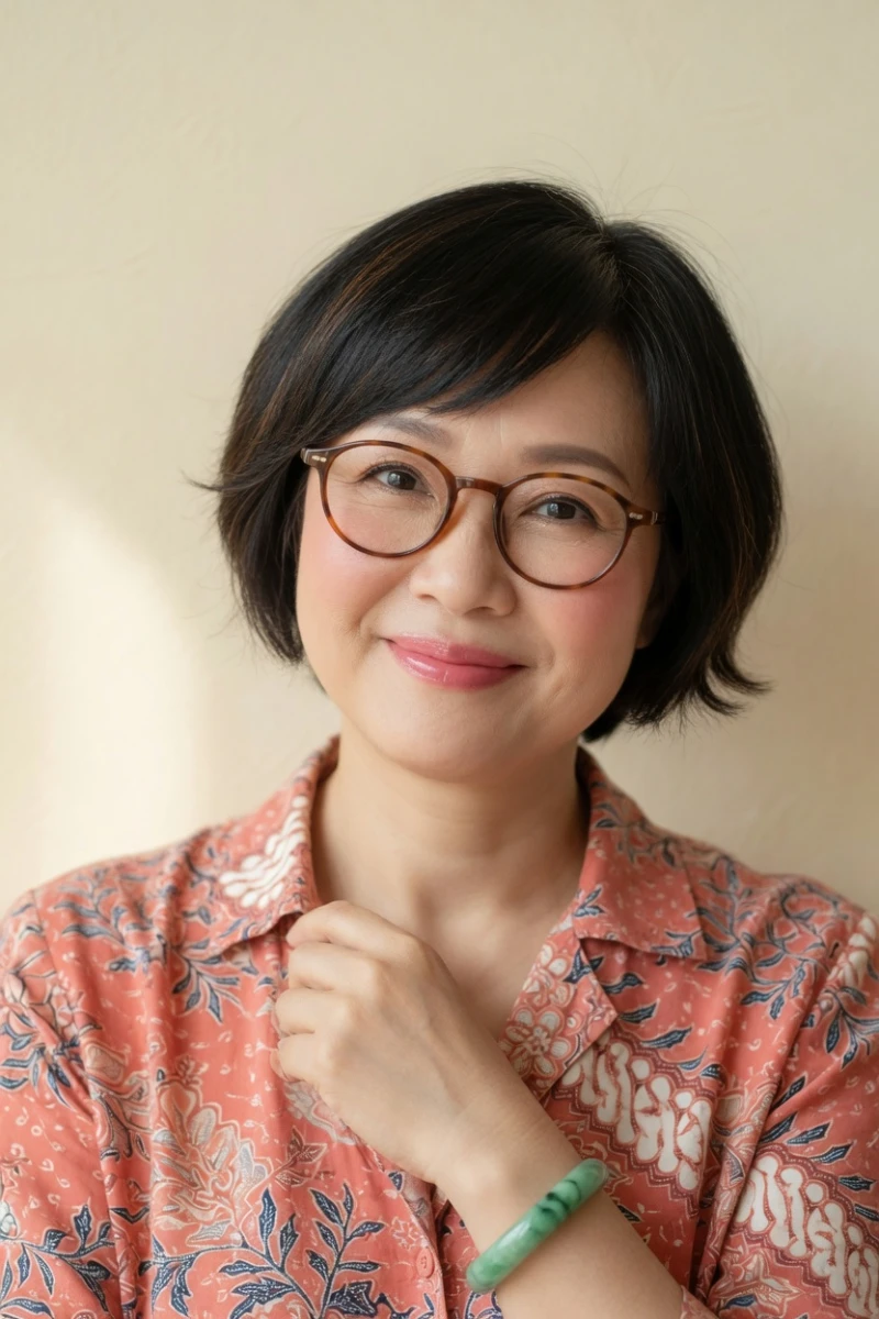 AI-generated Auntie Bee, with a short black bob and round glasses, wearing a coral batik blouse.