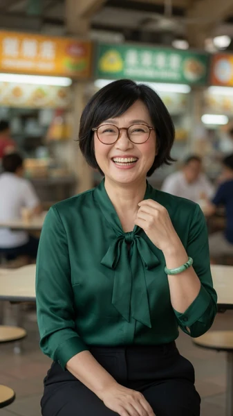 AI-generated Auntie Bee laughing in an emerald silk blouse at a hawker centre.