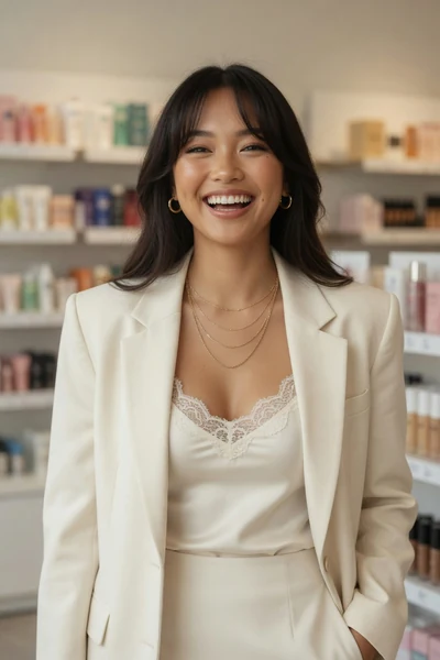 AI-generated Bea laughing in an ivory lace-trim camisole and cream blazer at a beauty store.