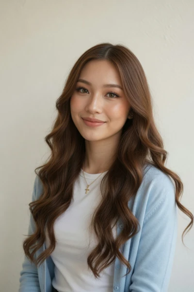 AI-generated Elle, fully clothed in a pale blue cardigan over a white T-shirt.