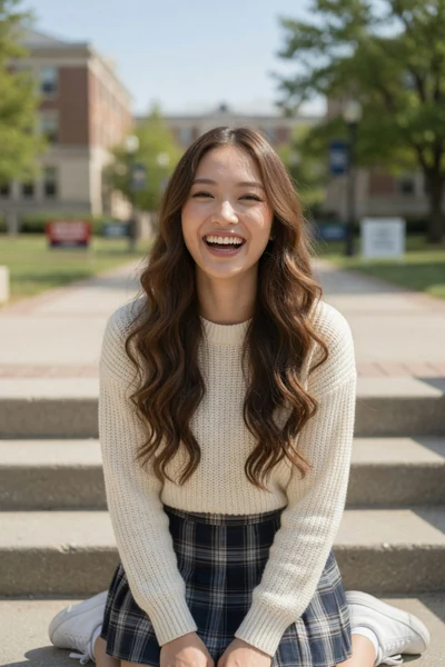 AI-generated Elle laughing in a cream knit and navy plaid skirt on campus steps.