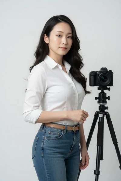 AI-generated Mio in the White Shirt and Denim look.