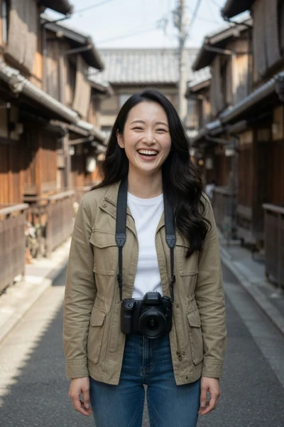 AI-generated Mio laughing with a camera strap in a khaki jacket on a Kyoto lane.