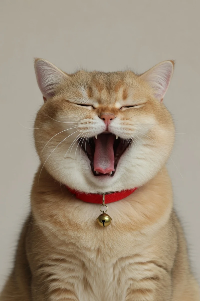 AI-generated Mochi, a golden British Shorthair wearing his red collar, caught in a big yawn.
