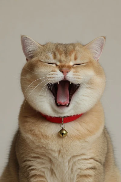 AI-generated Mochi, a golden British Shorthair wearing his red collar, caught in a big yawn.