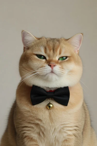 AI-generated Mochi in the Front, happy · Tiny bow tie look.