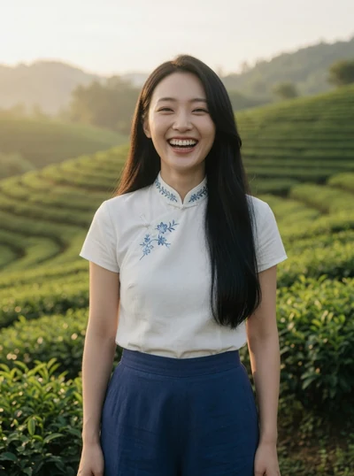 AI-generated Su Qing laughing in a white embroidered blouse among tea terraces at sunrise.