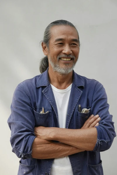 AI-generated Uncle Hock, with tied-back grey hair and a beard, wearing an indigo work jacket.