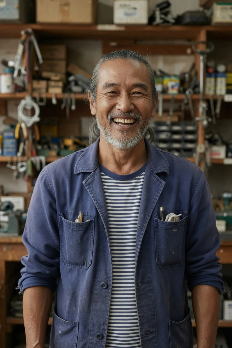 AI-generated Uncle Hock laughing in an indigo chore coat at a hardware shop.