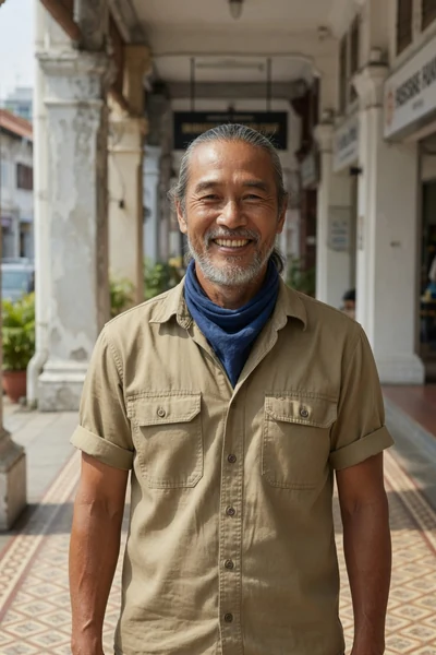 AI-generated Uncle Hock in the Khaki utility shirt look.