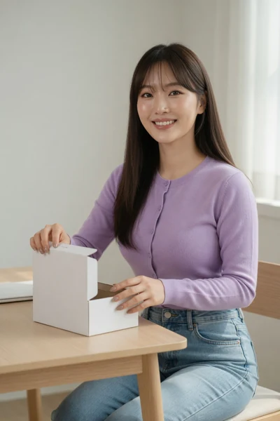 AI-generated Yuna in the Desk Cardigan look.