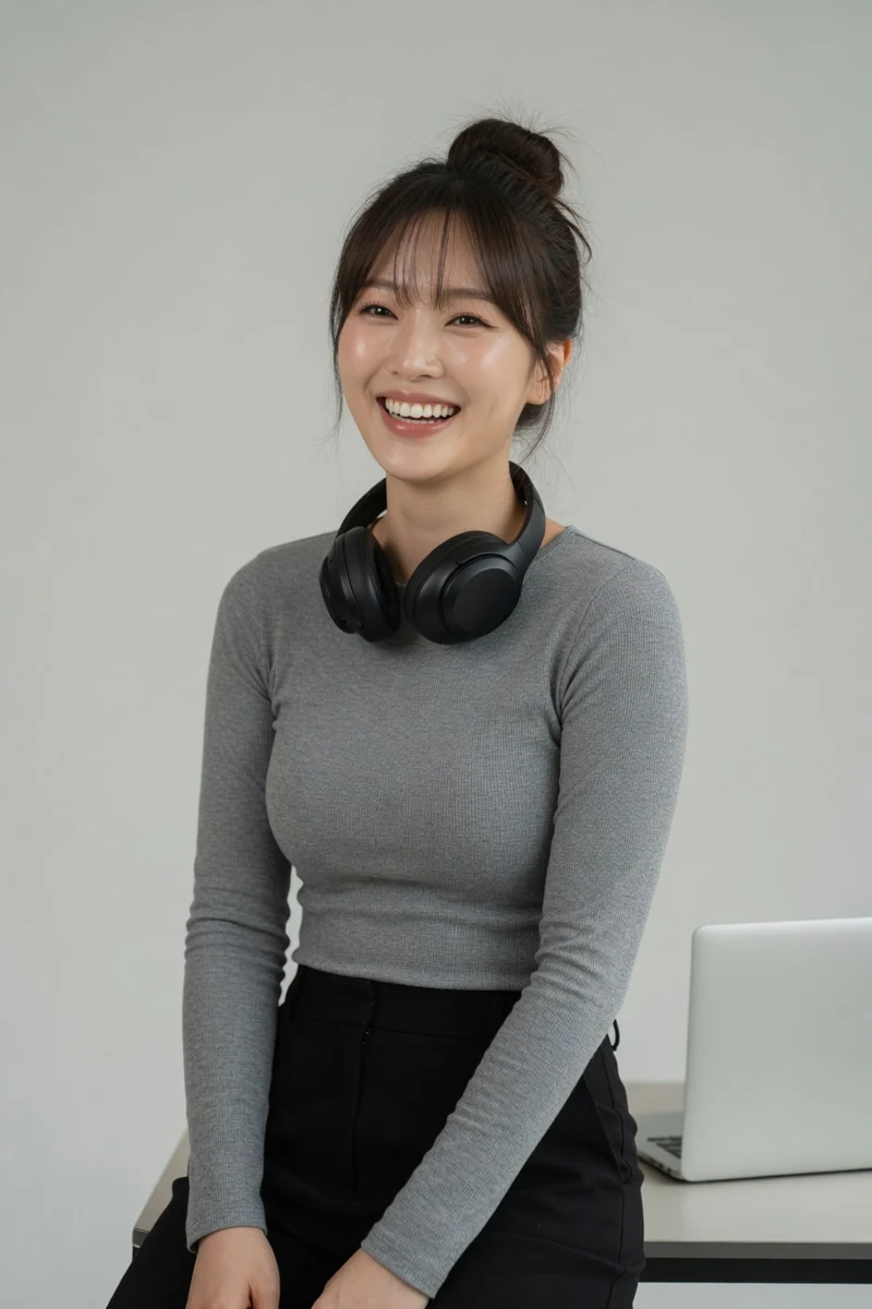 AI-generated Yuna, with her hair in a messy bun, wearing a grey long-sleeved top and headphones at a desk.