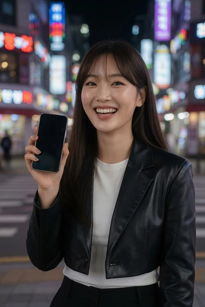 AI-generated Yuna laughing in a black leather jacket while holding a phone at a Seoul crossing.